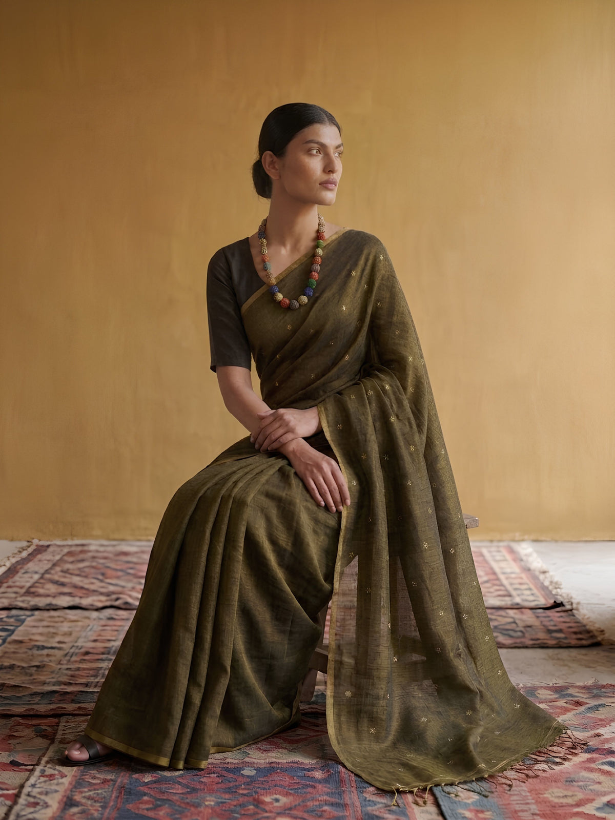 SoulWeaves olive green handloom cotton zari saree with zari embroidery