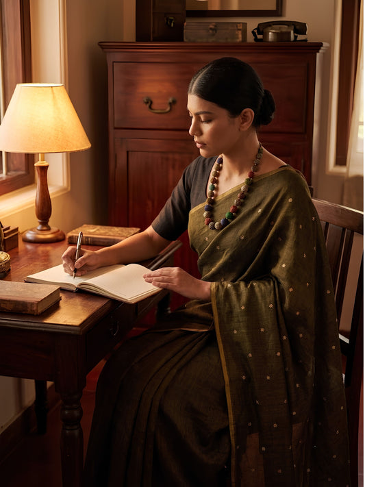 SoulWeaves olive green handloom cotton zari saree with zari embroidery