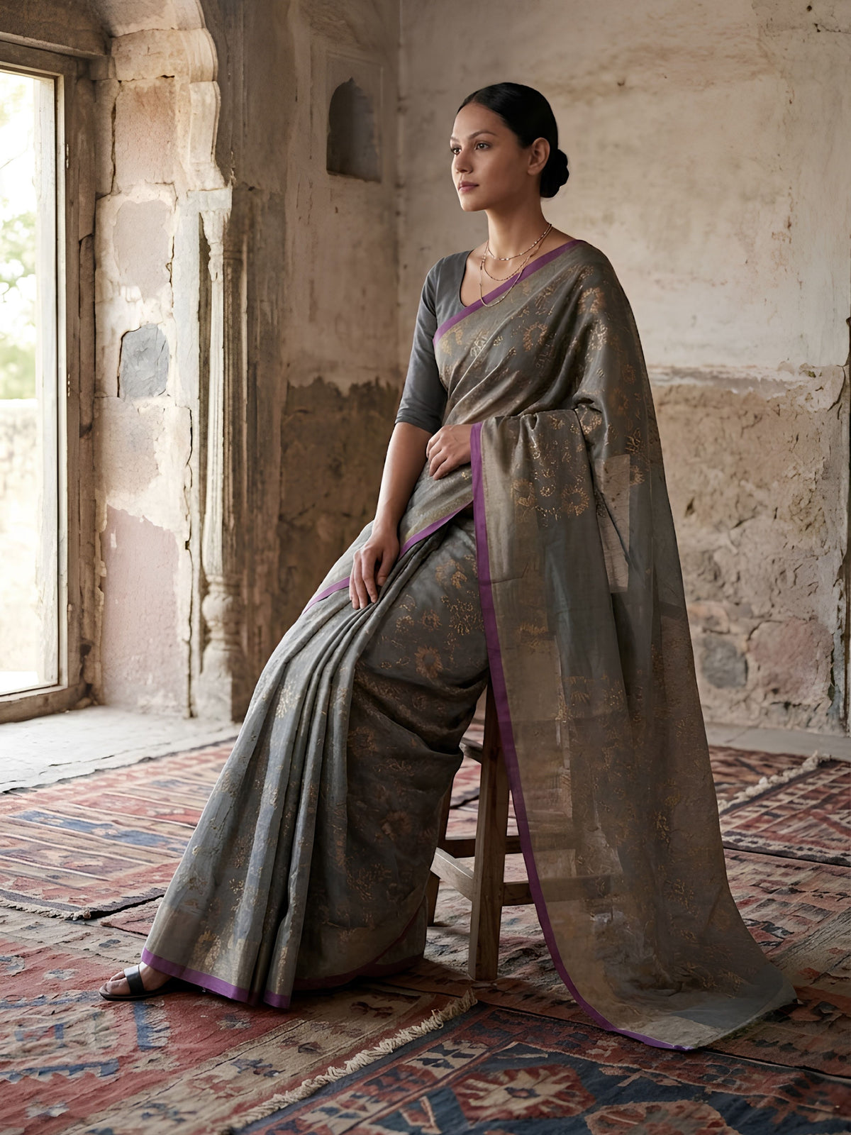 SoulWeaves grey handloom cotton zari saree with block printing