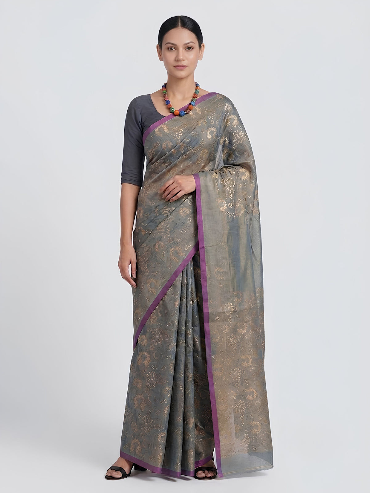 SoulWeaves grey handloom cotton zari saree with block printing