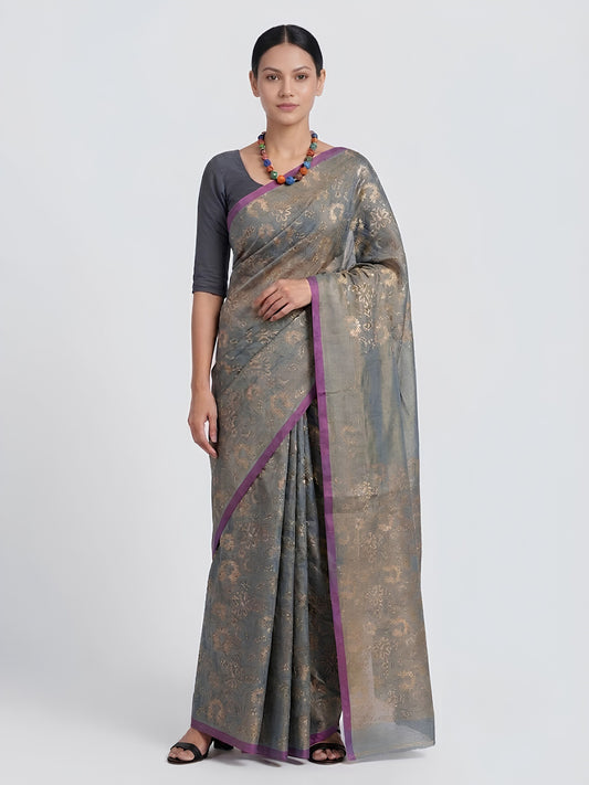 SoulWeaves grey handloom cotton zari saree with block printing