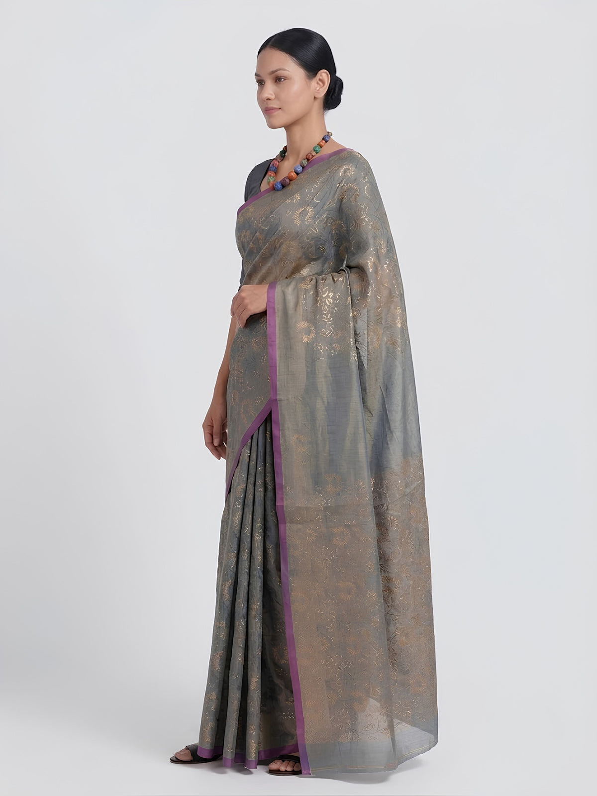 SoulWeaves grey handloom cotton zari saree with block printing