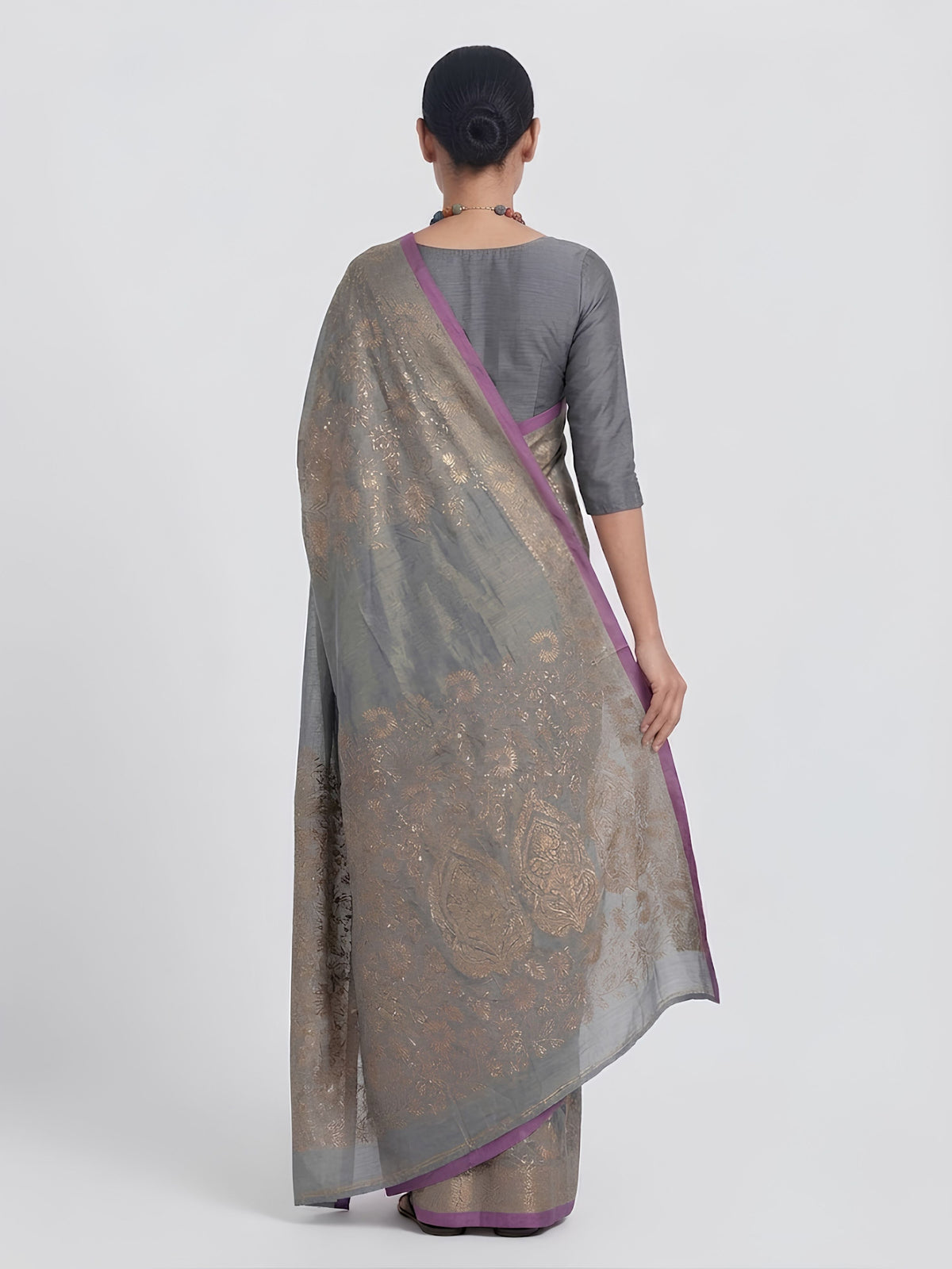 SoulWeaves grey handloom cotton zari saree with block printing