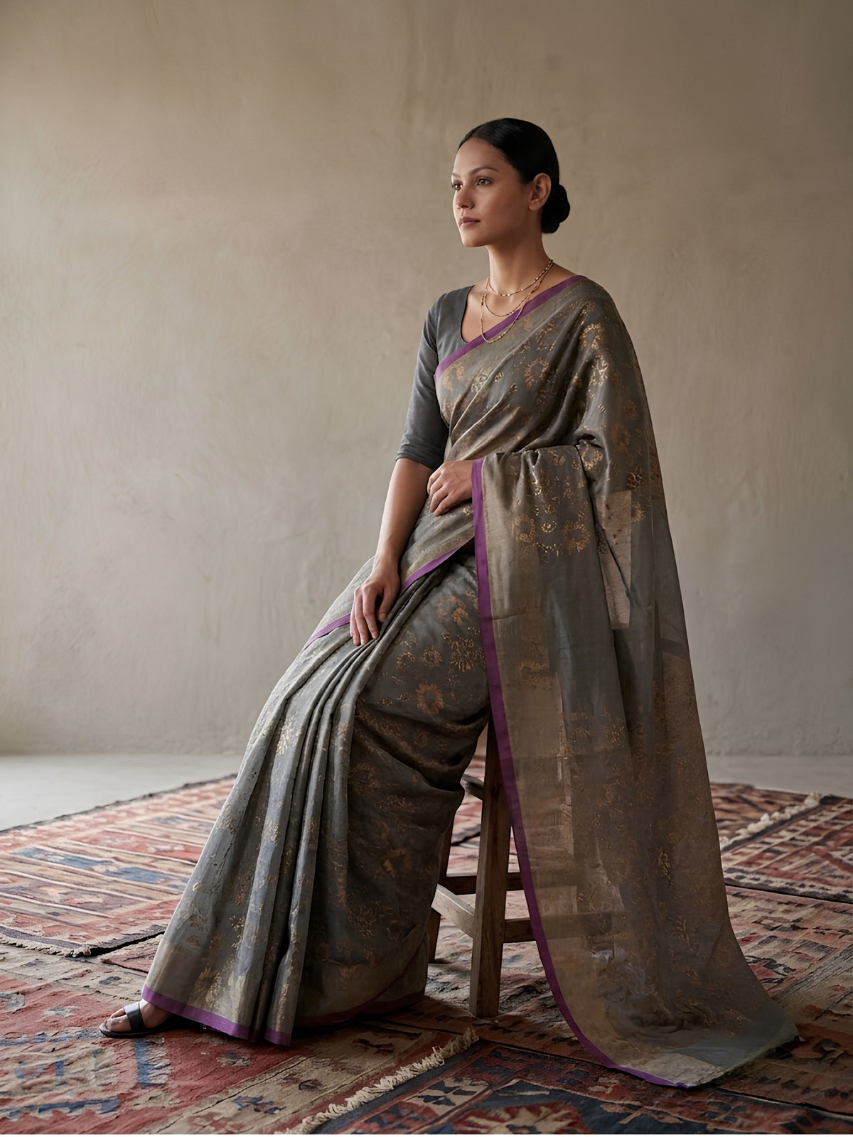 SoulWeaves grey handloom cotton zari saree with block printing