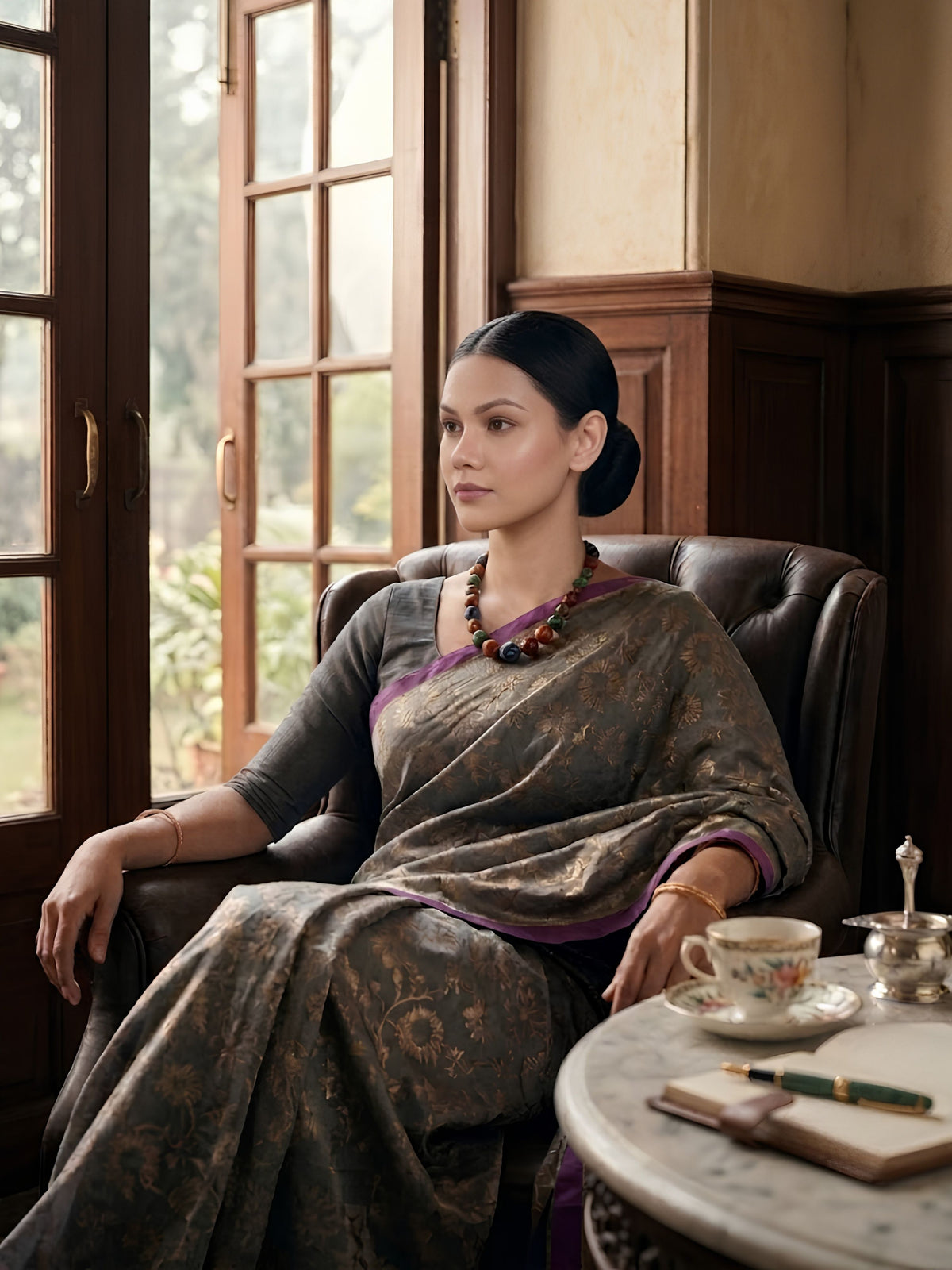 SoulWeaves grey handloom cotton zari saree with block printing