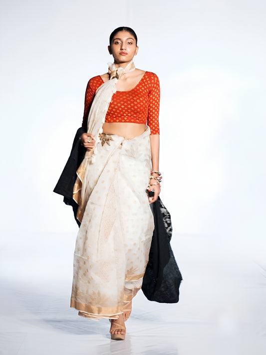SoulWeaves white handloom silk saree with gold block printing