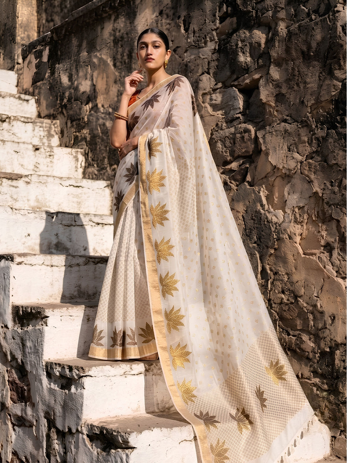 SoulWeaves white handloom silk saree with gold block printing