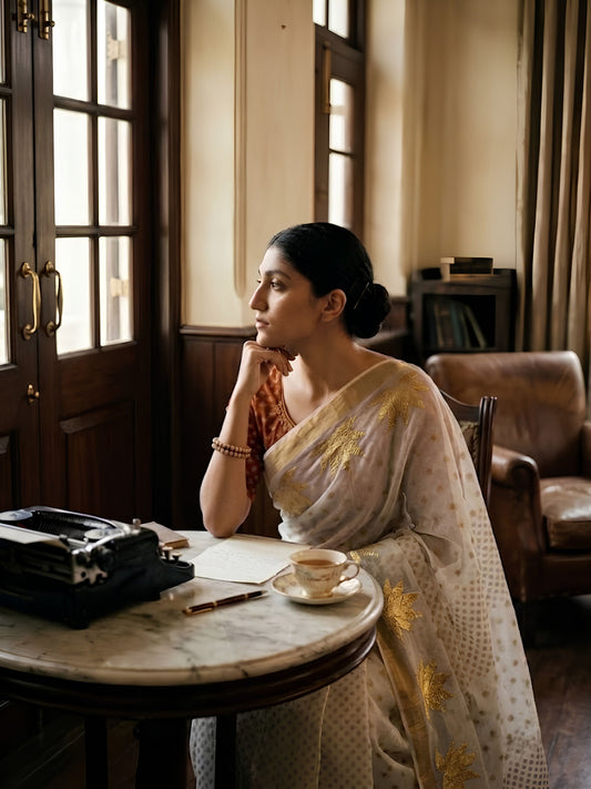 SoulWeaves white handloom silk saree with gold block printing