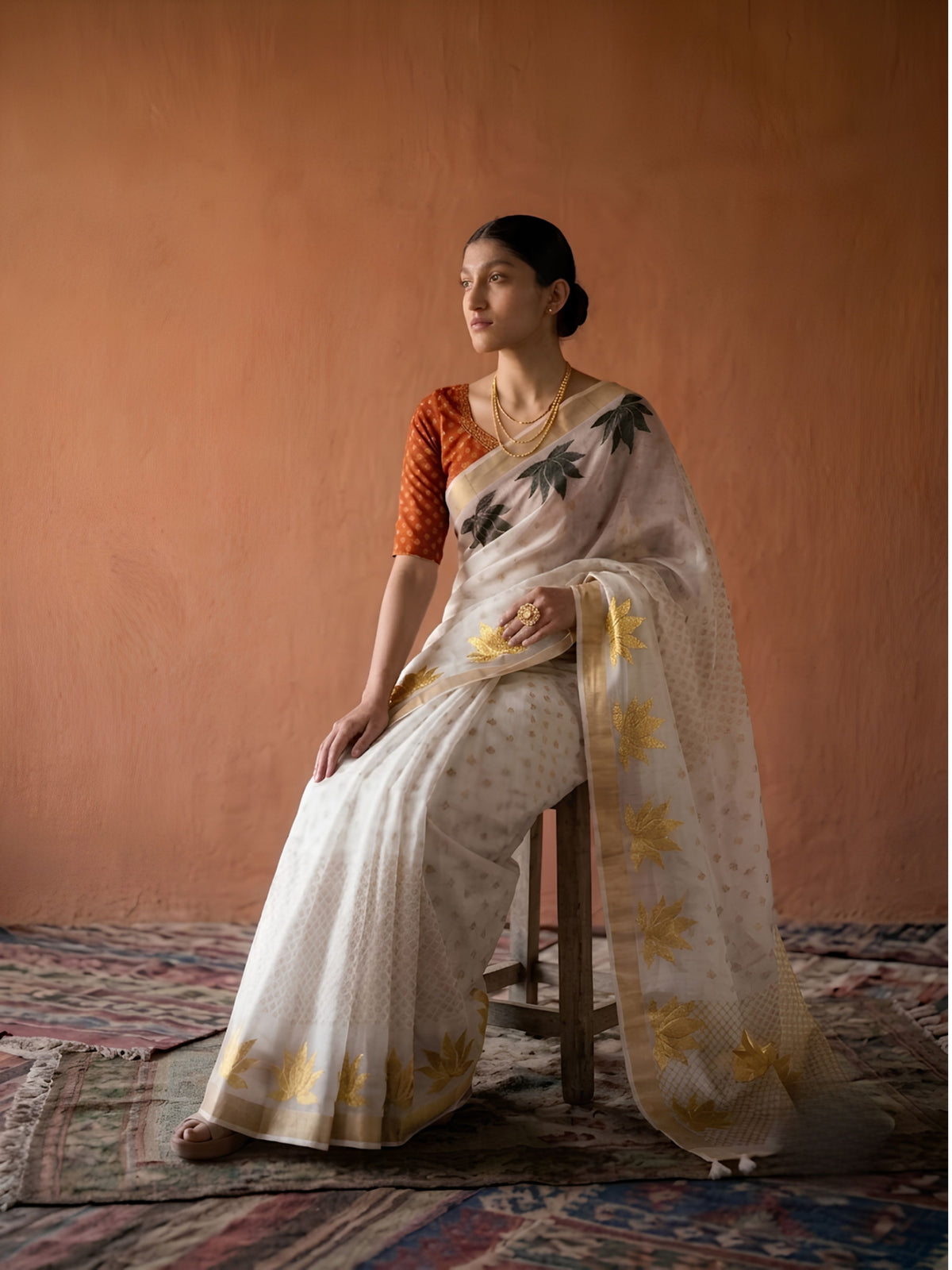 SoulWeaves white handloom silk saree with gold block printing