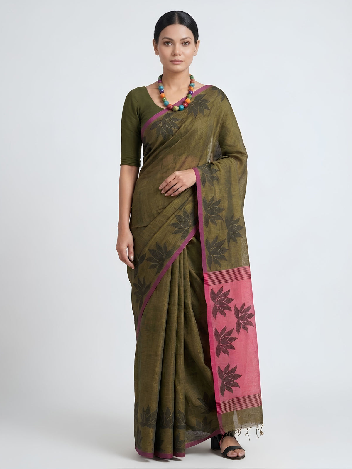 SoulWeaves khaki pink handloom cotton zari saree with block printing