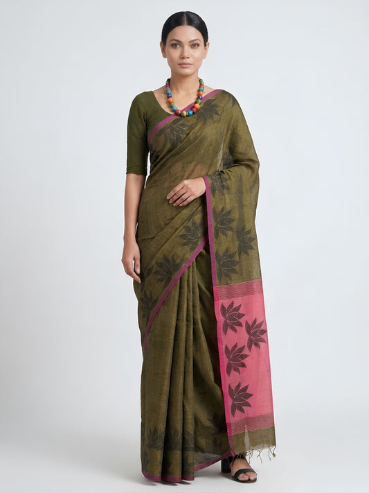 SoulWeaves khaki pink handloom cotton zari saree with block printing