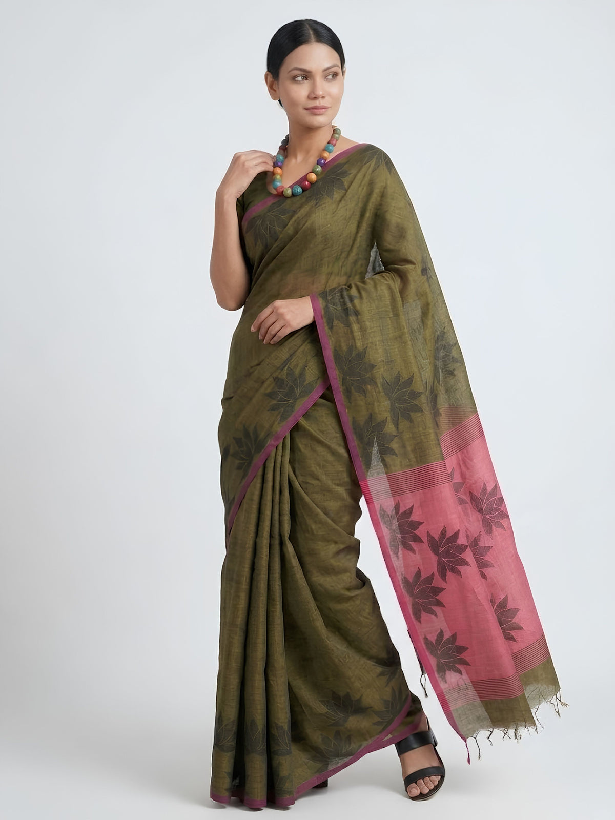 SoulWeaves khaki pink handloom cotton zari saree with block printing