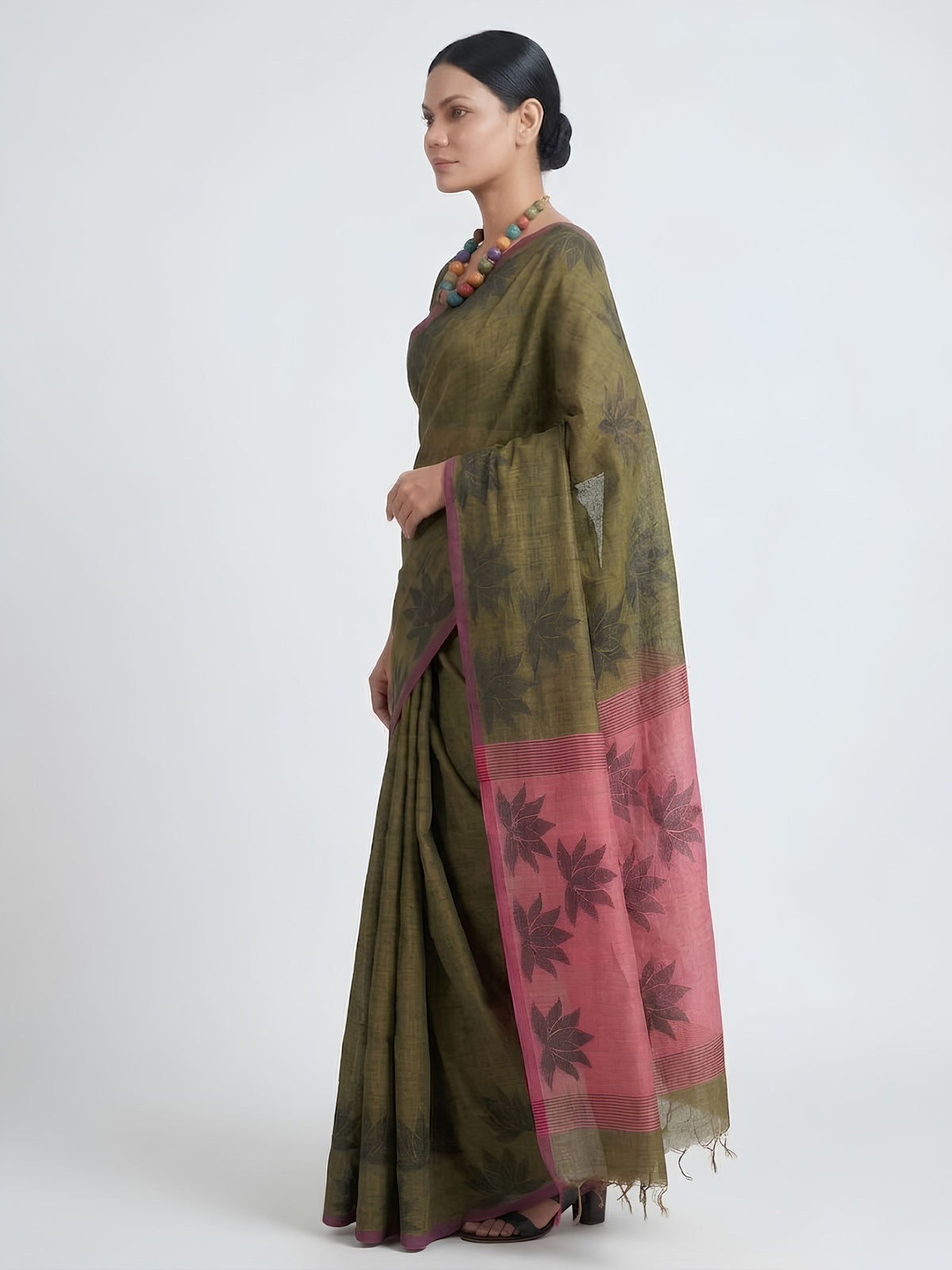 SoulWeaves khaki pink handloom cotton zari saree with block printing