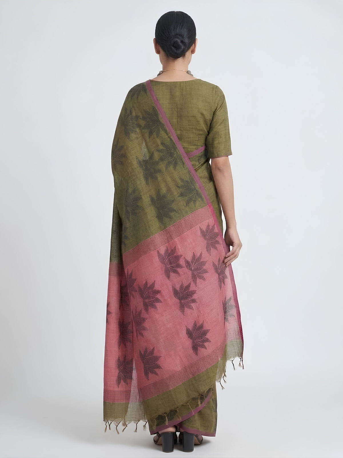 SoulWeaves khaki pink handloom cotton zari saree with block printing