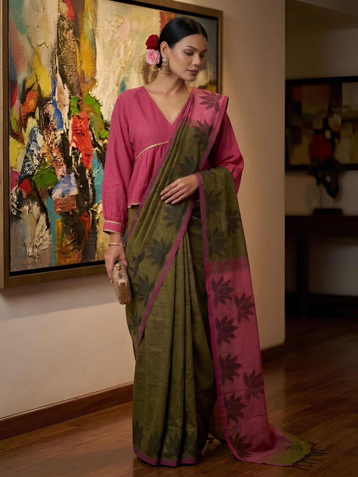SoulWeaves khaki pink handloom cotton zari saree with block printing