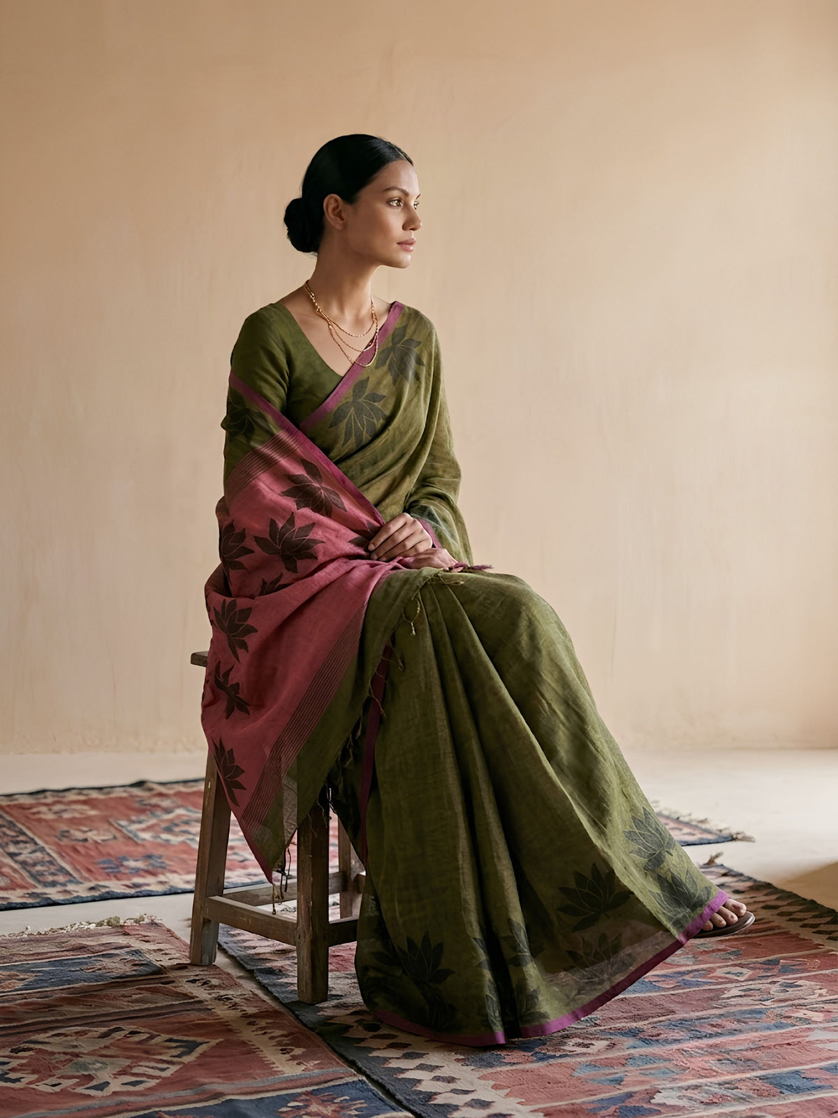 SoulWeaves khaki pink handloom cotton zari saree with block printing