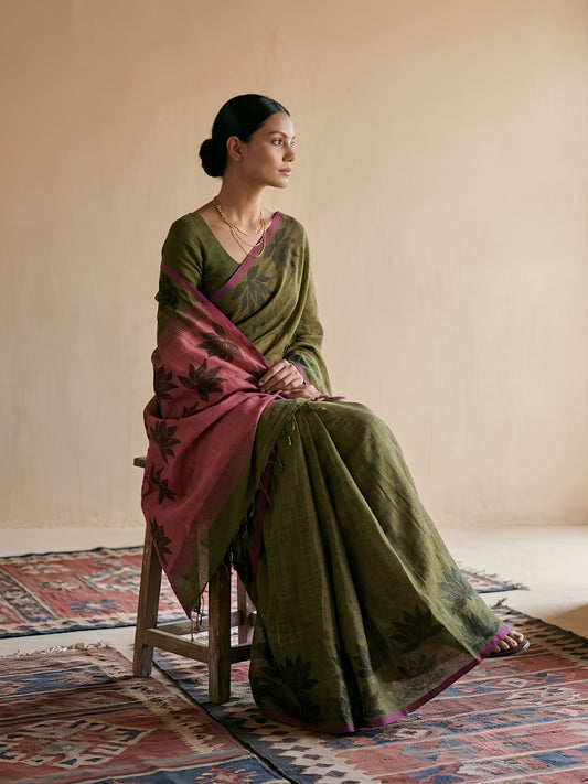 SoulWeaves khaki pink handloom cotton zari saree with block printing