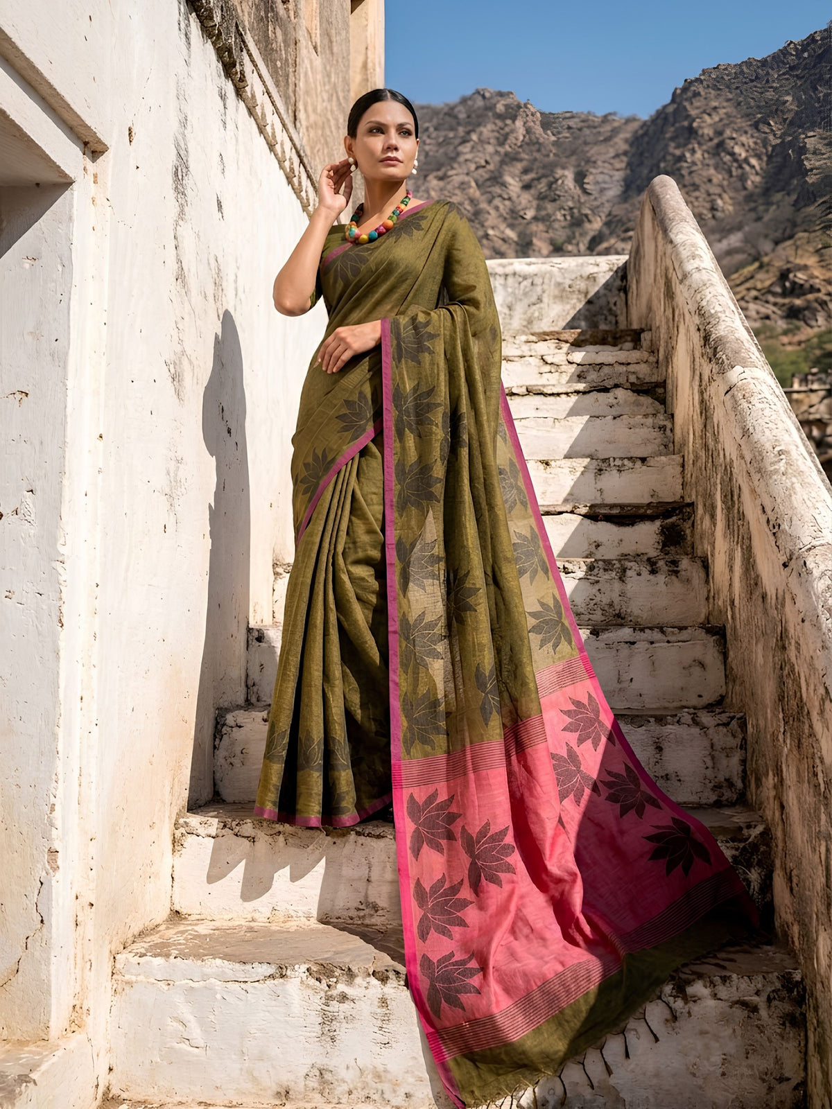 SoulWeaves khaki pink handloom cotton zari saree with block printing