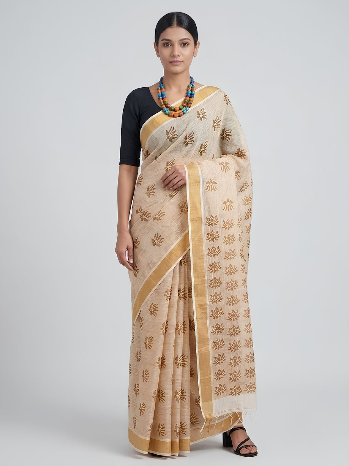 SoulWeaves beige brown handloom linen lurex saree with block printing