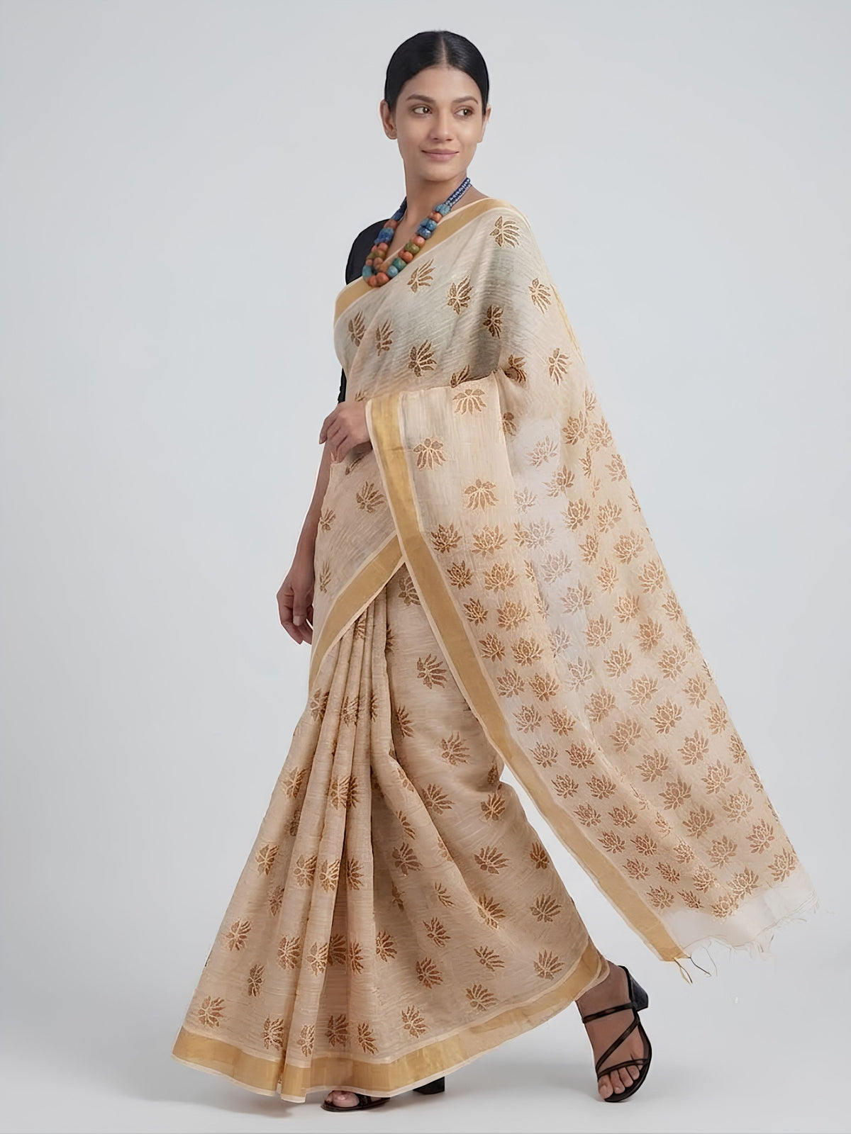 SoulWeaves beige brown handloom linen lurex saree with block printing