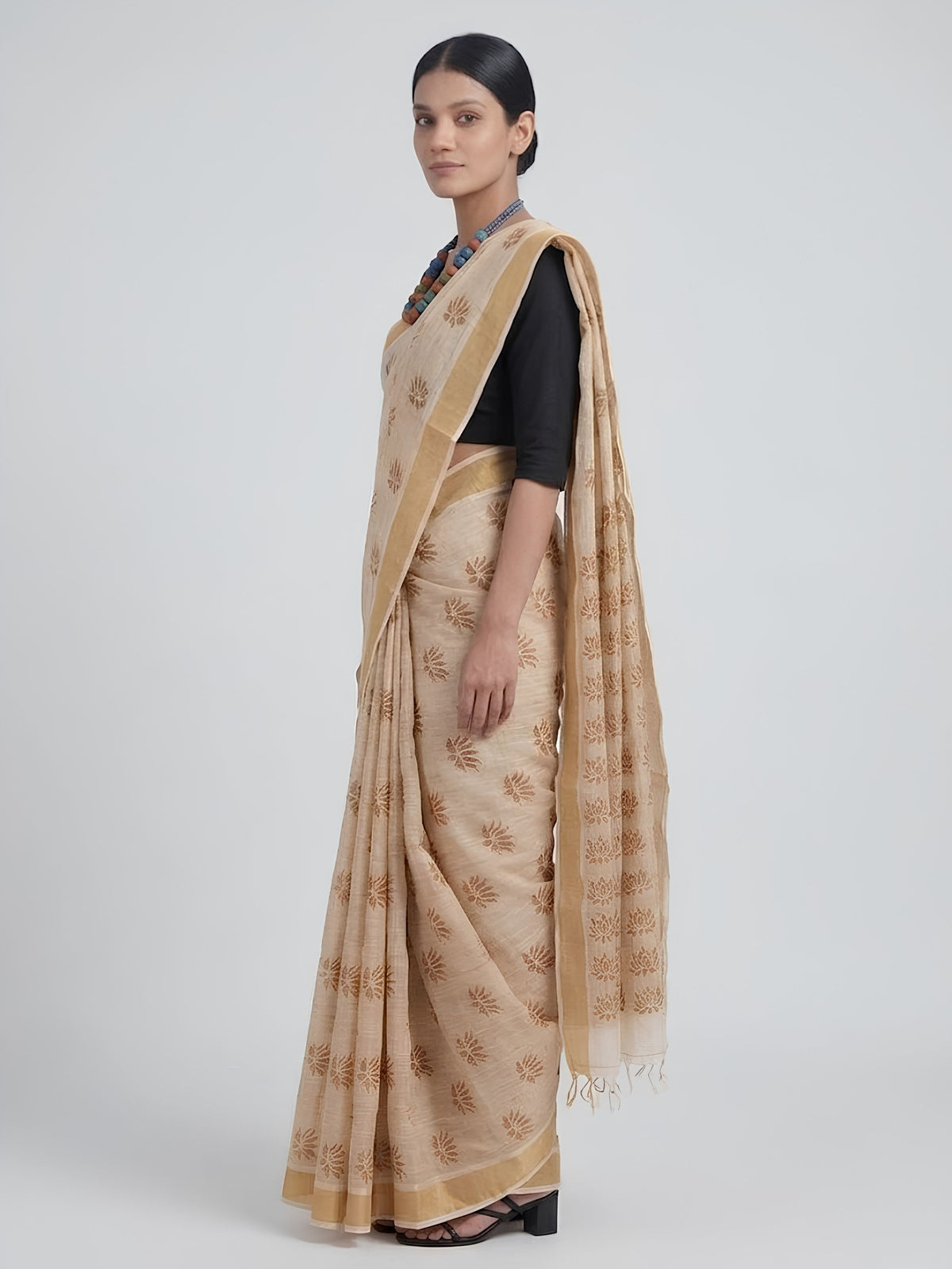 SoulWeaves beige brown handloom linen lurex saree with block printing