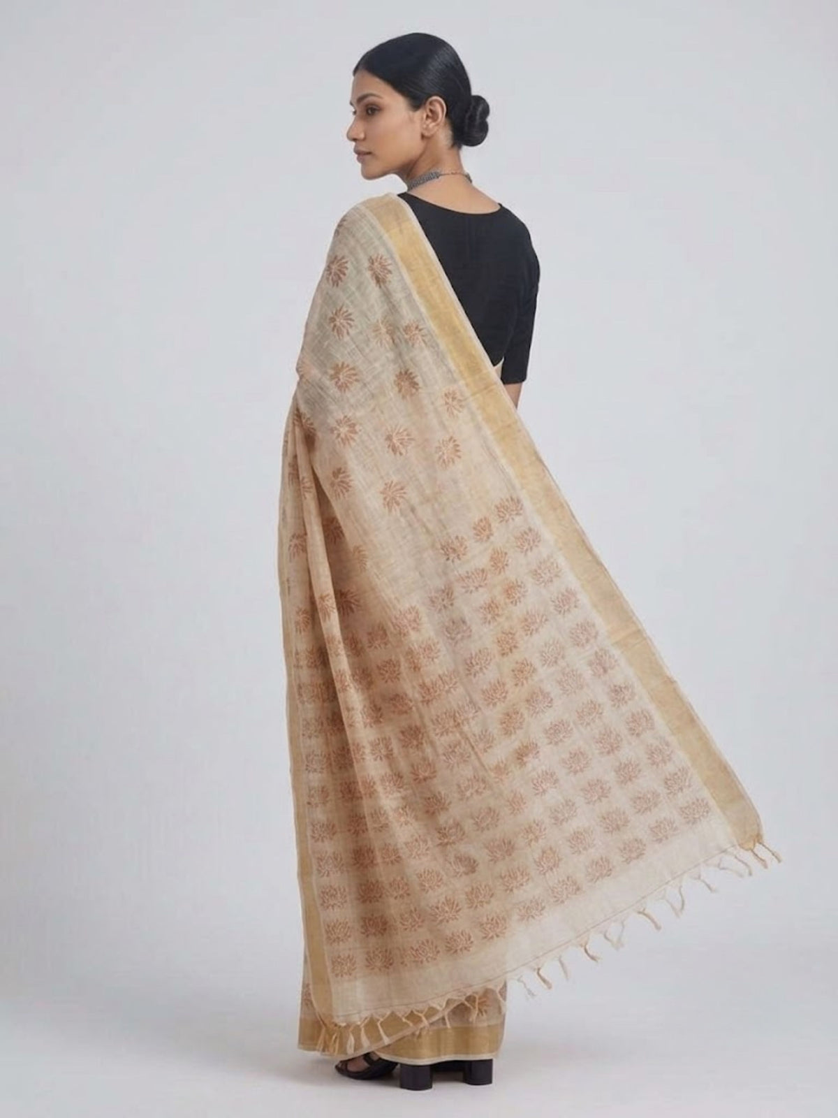SoulWeaves beige brown handloom linen lurex saree with block printing