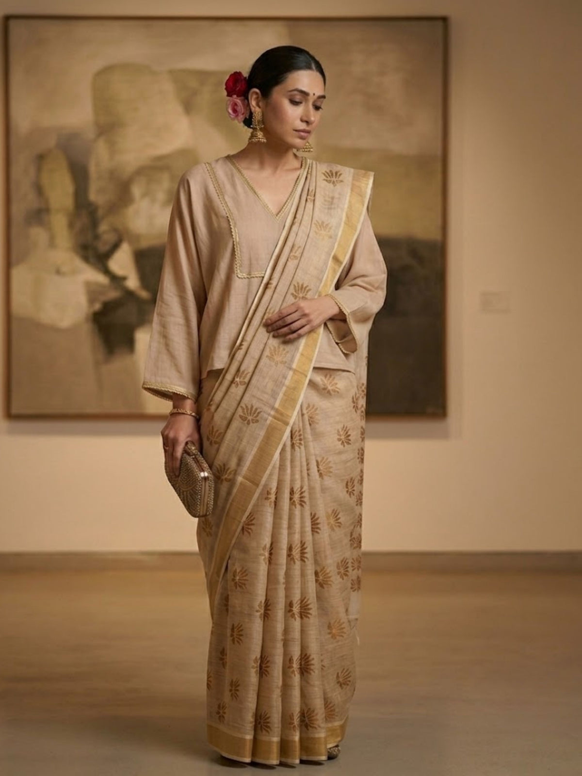 SoulWeaves beige brown handloom linen lurex saree with block printing