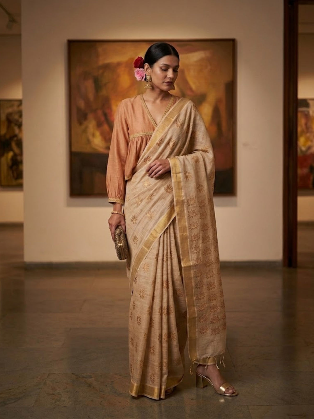 SoulWeaves beige brown handloom linen lurex saree with block printing