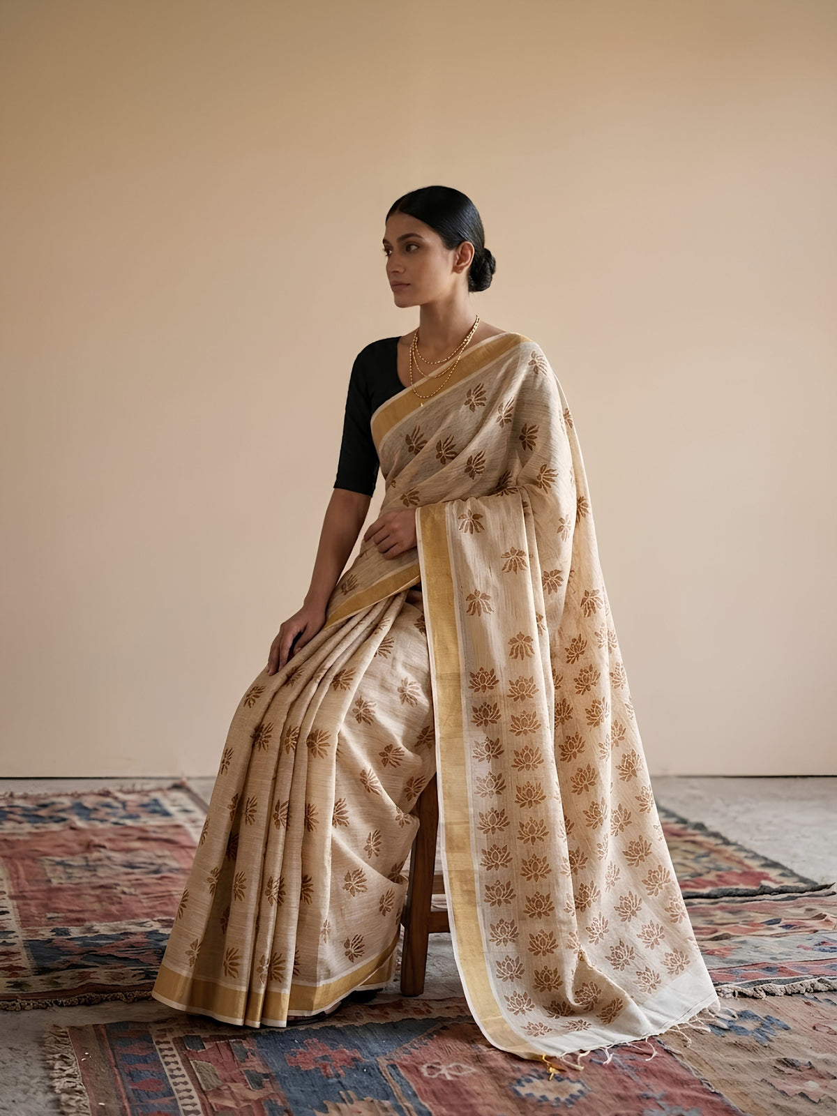 SoulWeaves beige brown handloom linen lurex saree with block printing