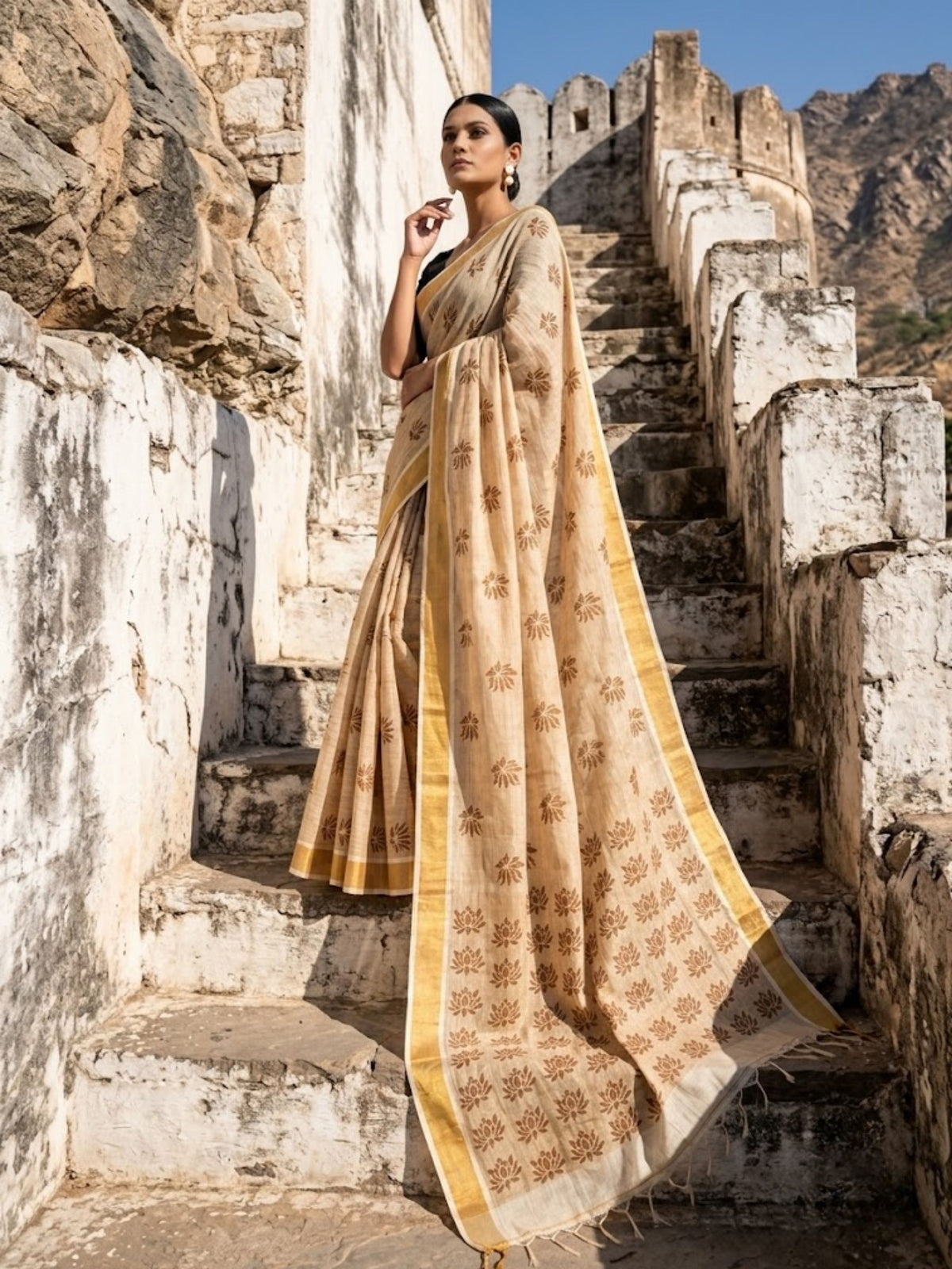 SoulWeaves beige brown handloom linen lurex saree with block printing