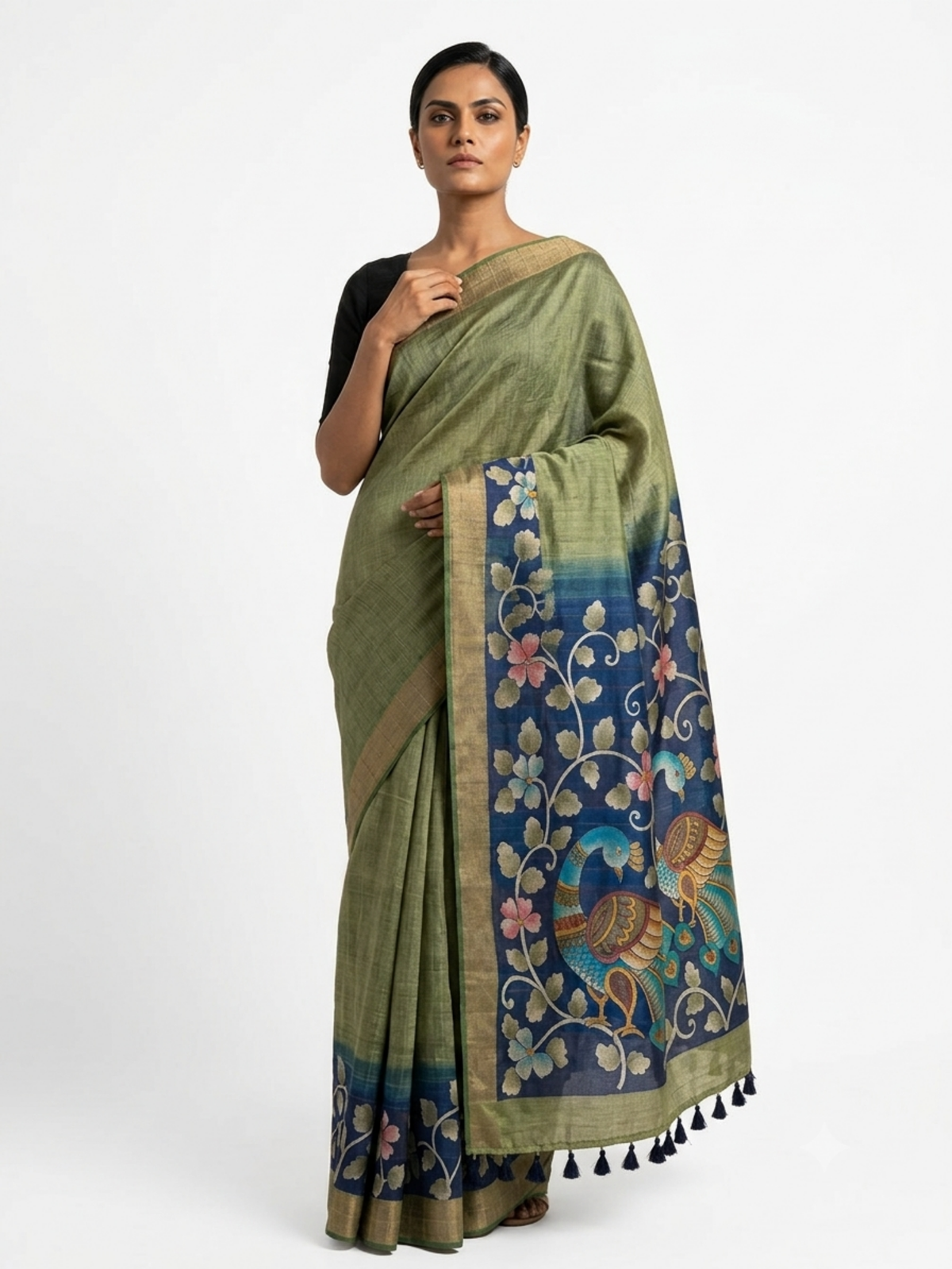 SoulWeaves Mor Bagh sage green and blue silk kalamkari saree with peacock motifs