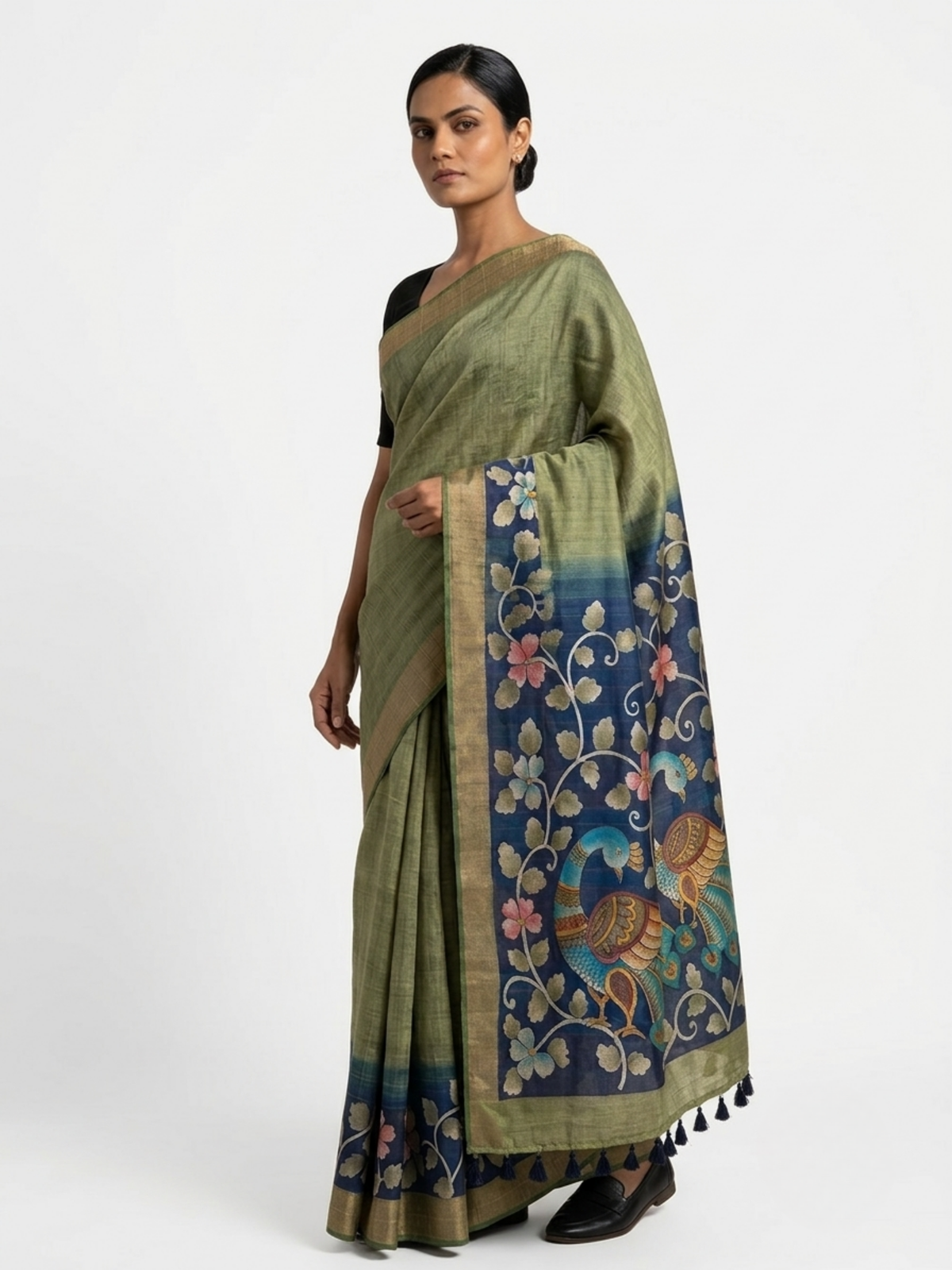 SoulWeaves Mor Bagh sage green and blue silk kalamkari saree with peacock motifs