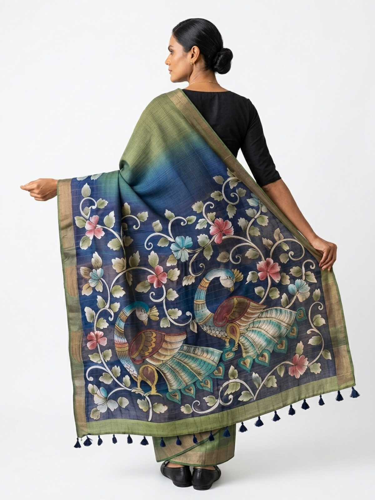 SoulWeaves Mor Bagh sage green and blue silk kalamkari saree with peacock motifs