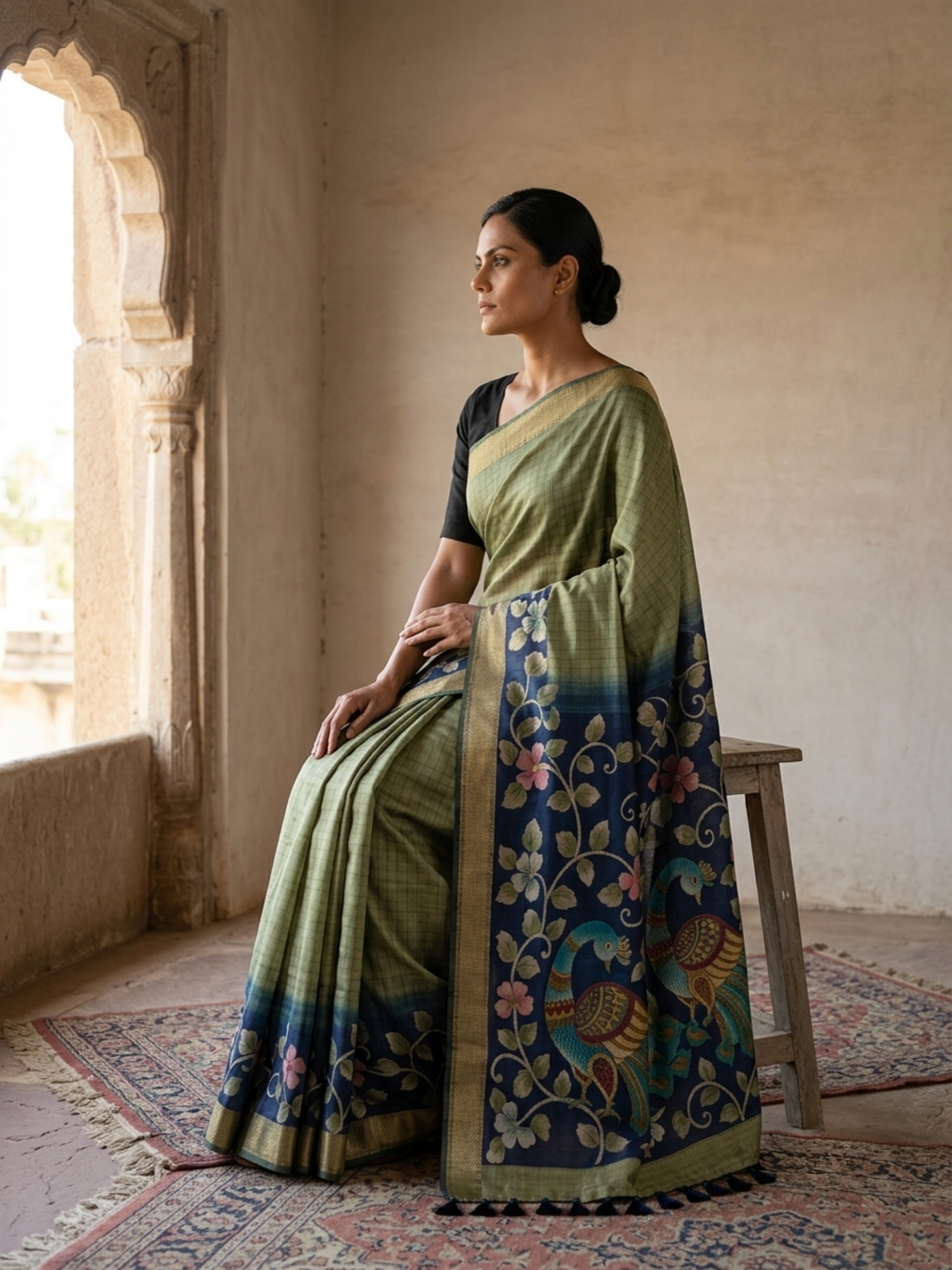 SoulWeaves Mor Bagh sage green and blue silk kalamkari saree with peacock motifs