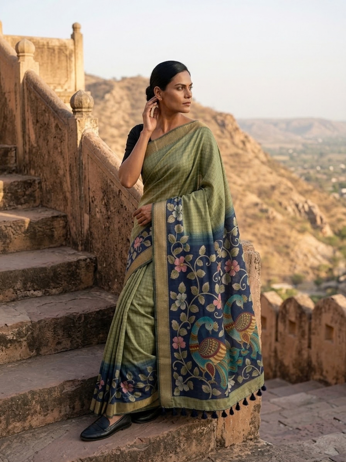 SoulWeaves Mor Bagh sage green and blue silk kalamkari saree with peacock motifs