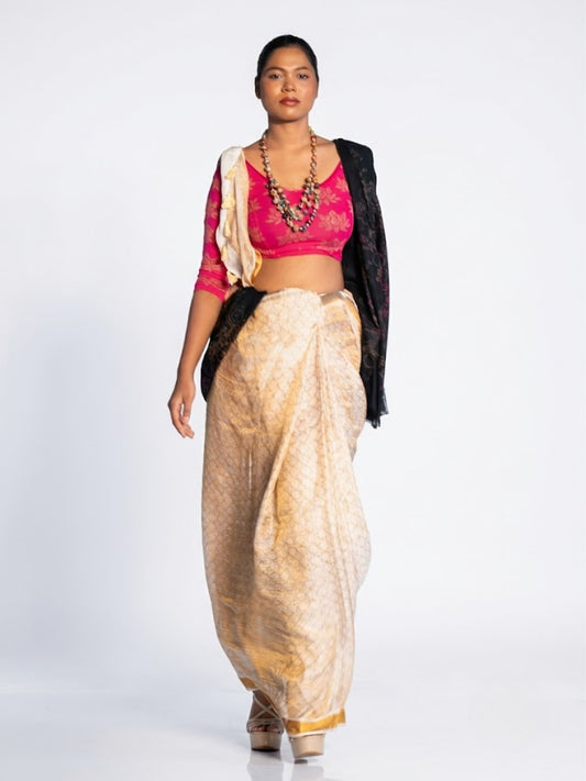 SoulWeaves beige handloom linen lurex saree with gold block printing