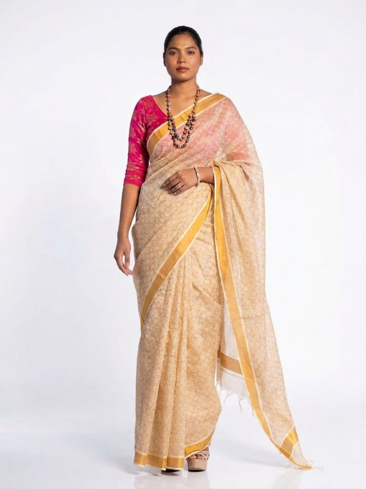 SoulWeaves beige handloom linen lurex saree with gold block printing