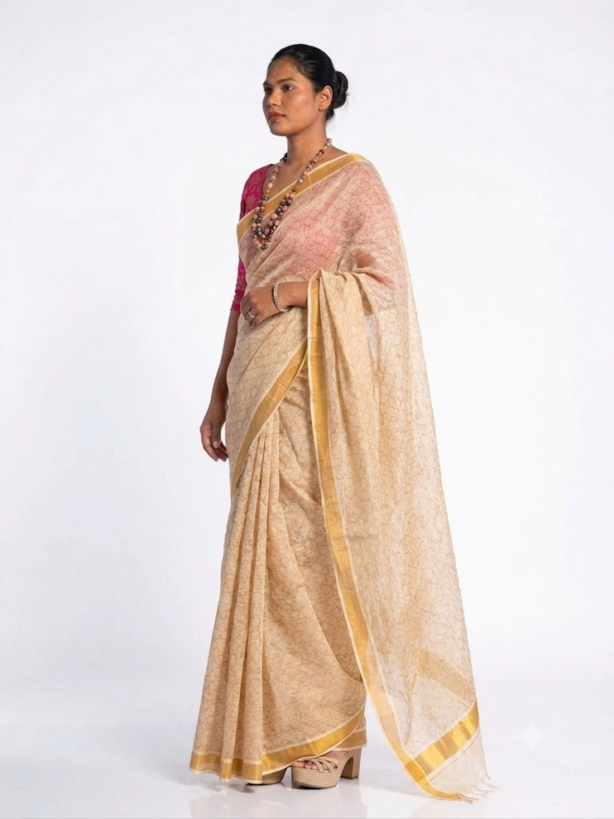 SoulWeaves beige handloom linen lurex saree with gold block printing