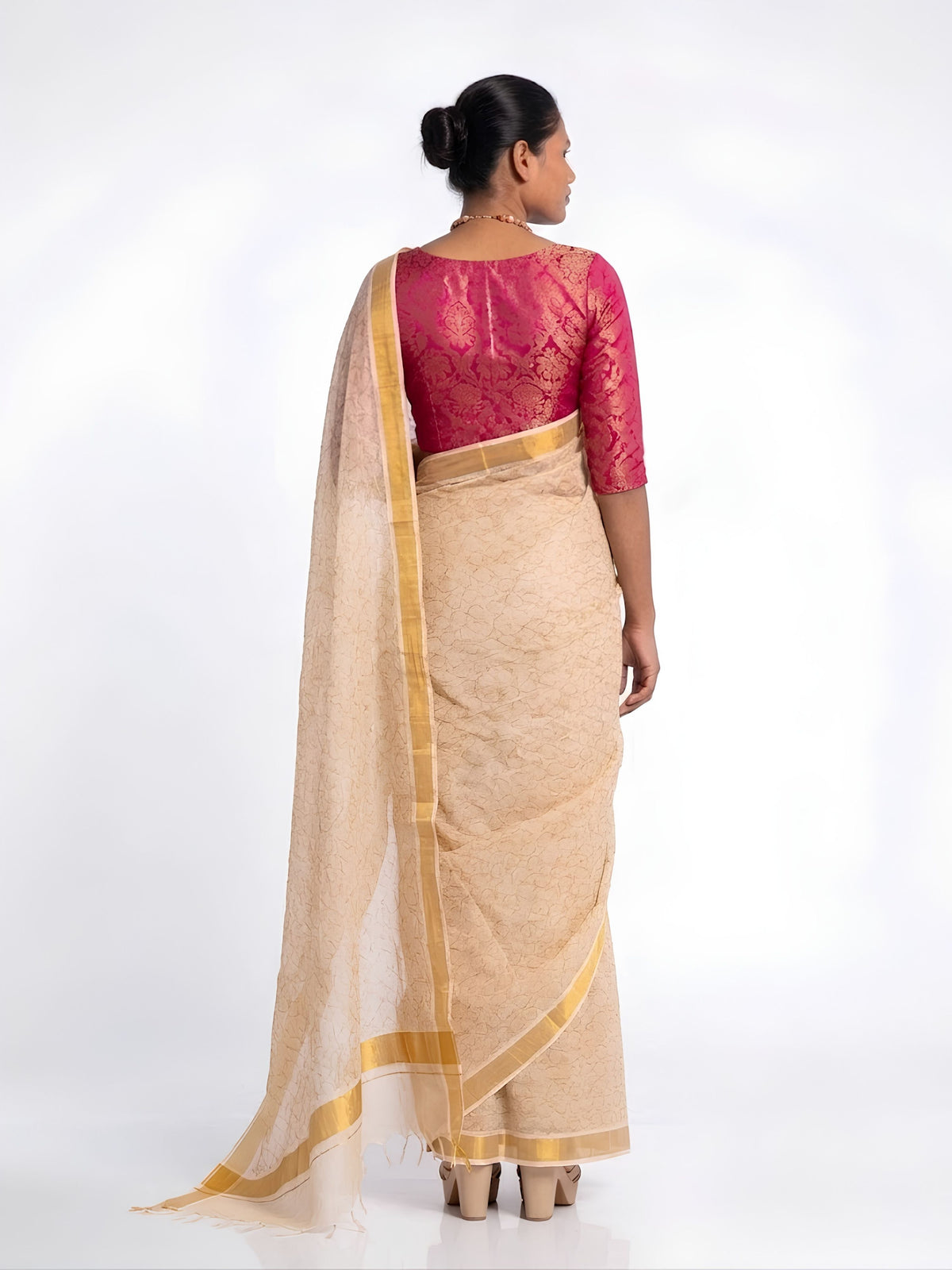 SoulWeaves beige handloom linen lurex saree with gold block printing
