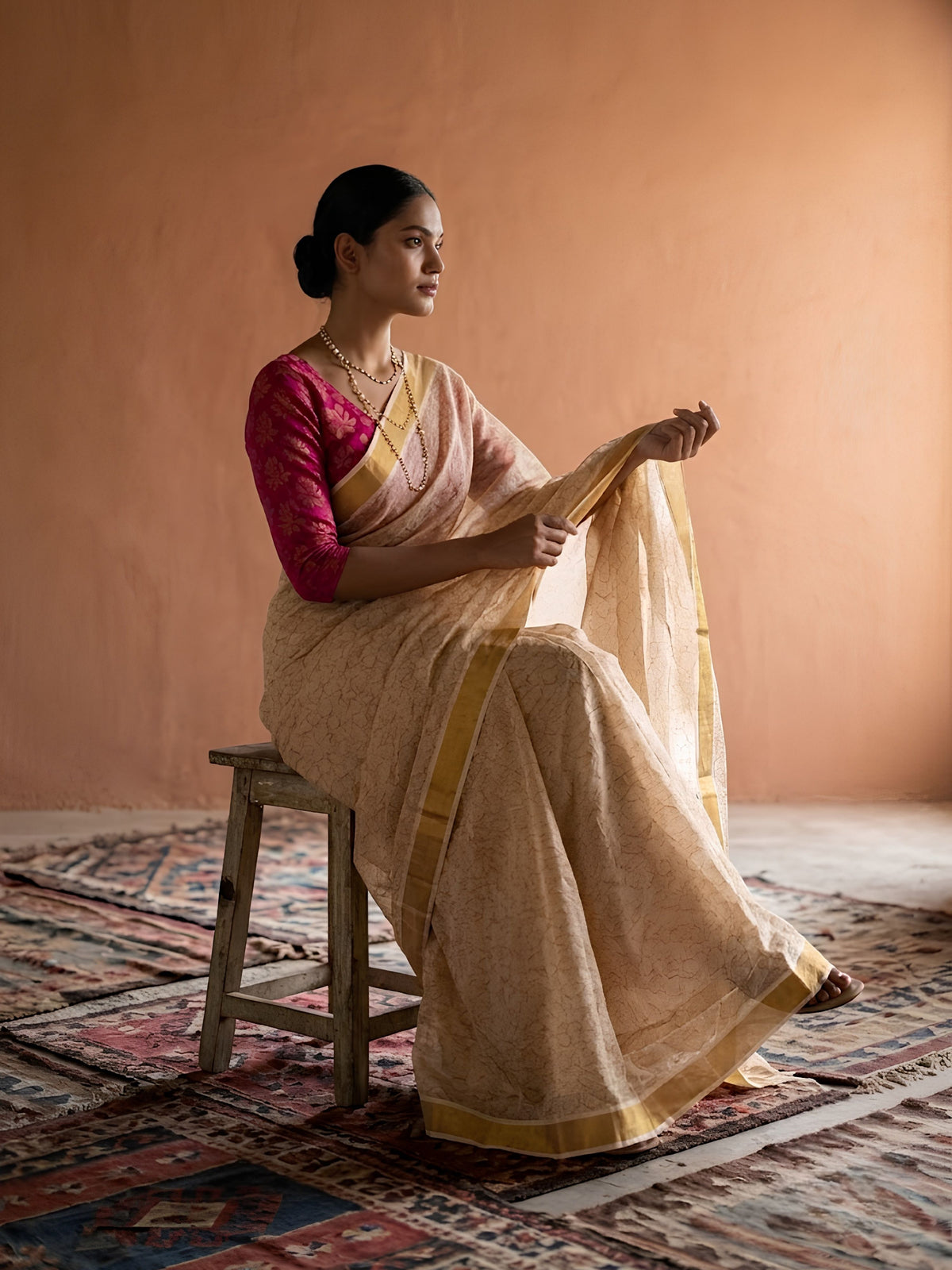 SoulWeaves beige handloom linen lurex saree with gold block printing