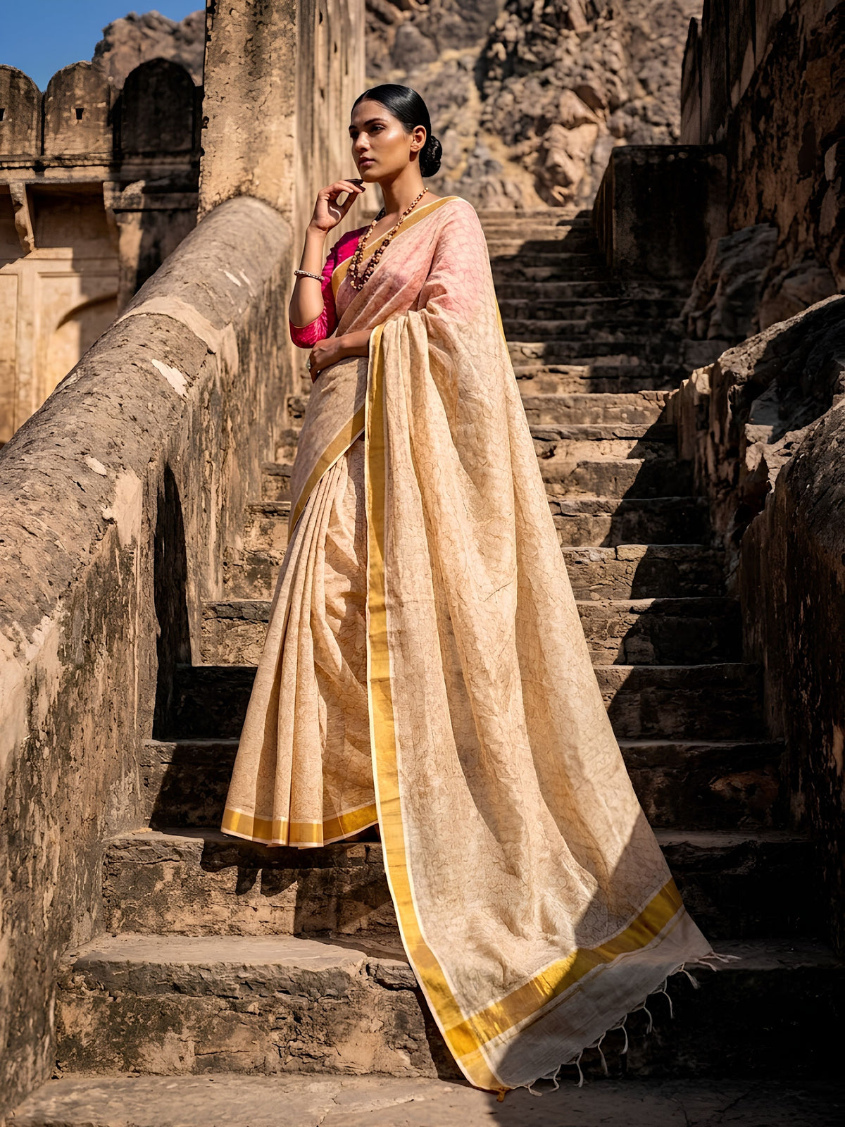 SoulWeaves beige handloom linen lurex saree with gold block printing