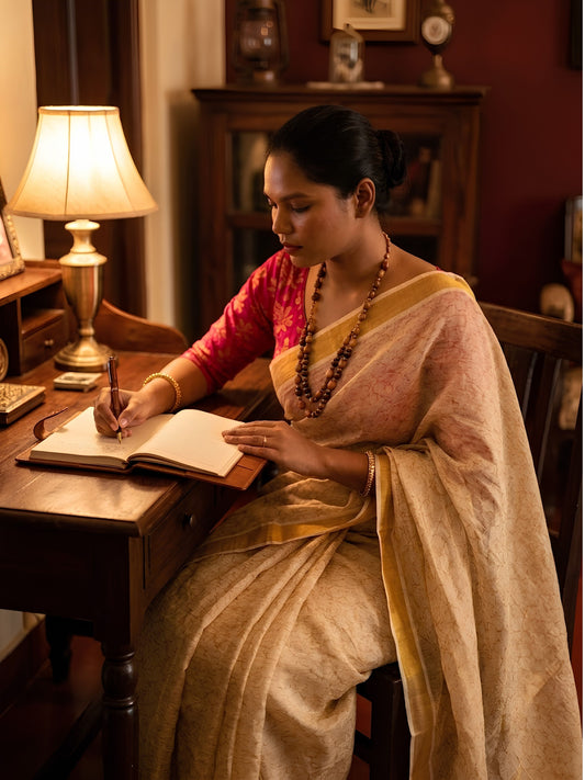 SoulWeaves beige handloom linen lurex saree with gold block printing