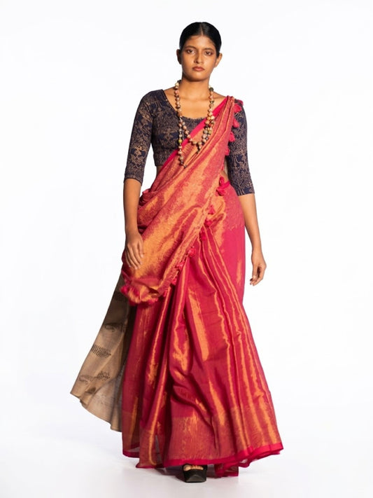 SoulWeaves Pink handloom cotton zari saree