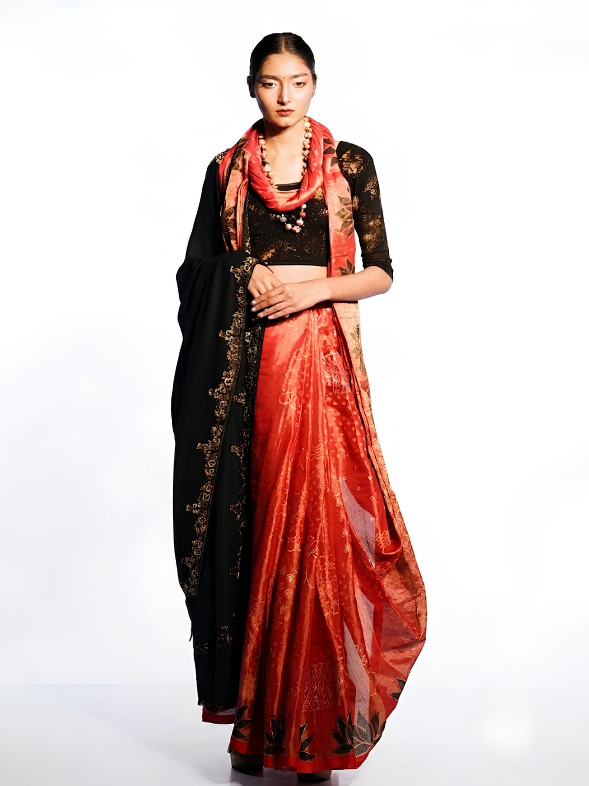 SoulWeaves rust orange handloom cotton zari saree with block printing