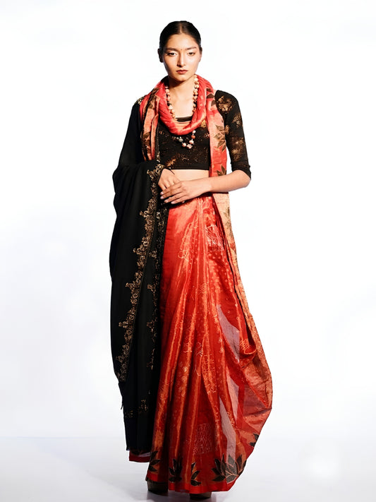 SoulWeaves rust orange handloom cotton zari saree with block printing