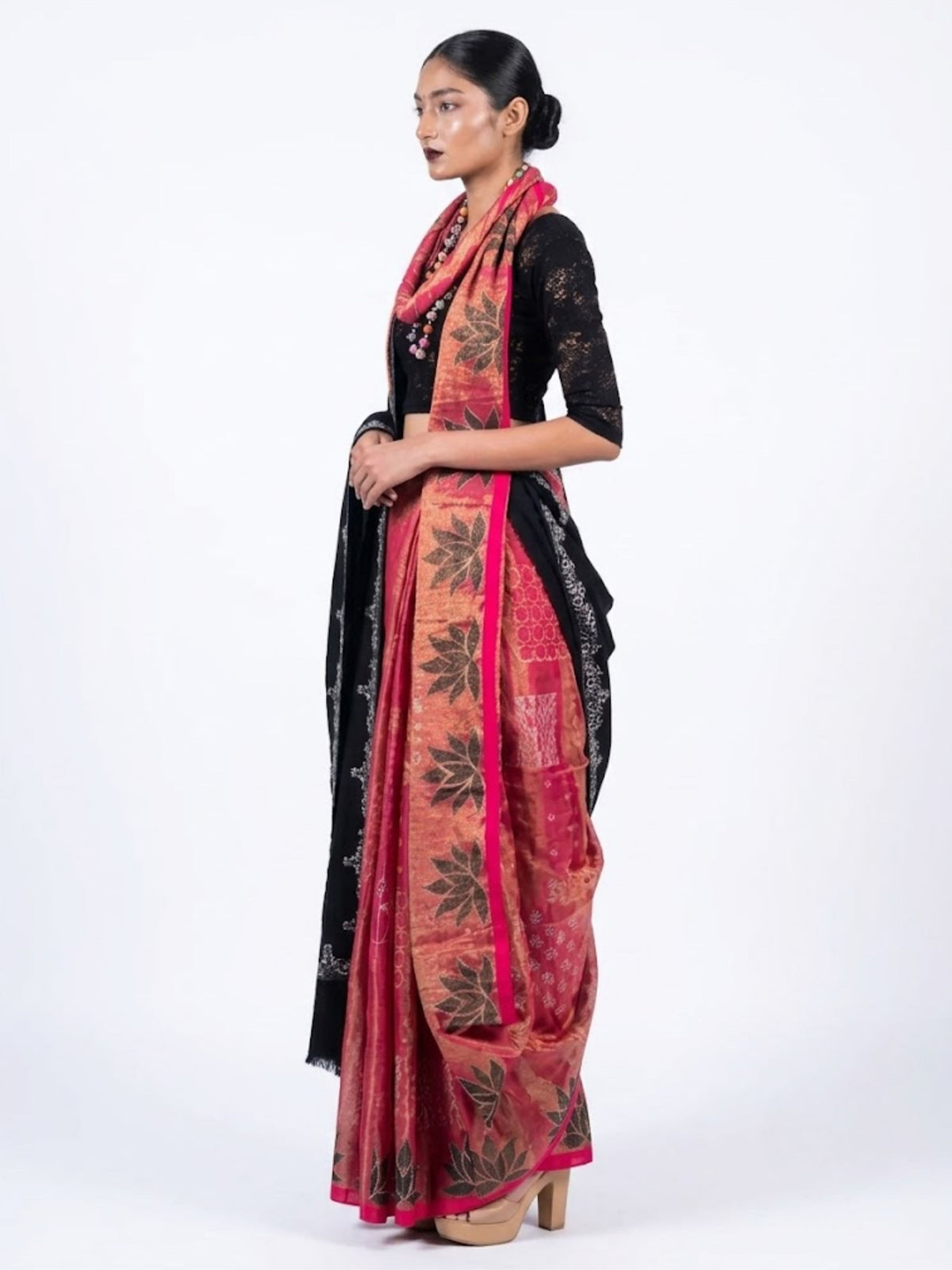 SoulWeaves rust orange handloom cotton zari saree with block printing