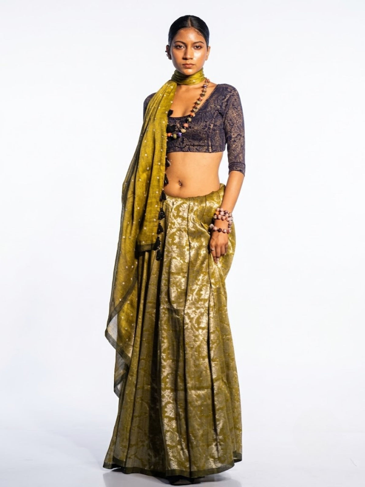 SoulWeaves olive green handloom linen cotton zari saree with gold dot