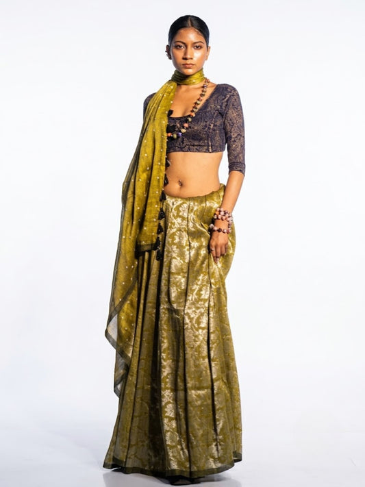 SoulWeaves olive green handloom linen cotton zari saree with gold dot