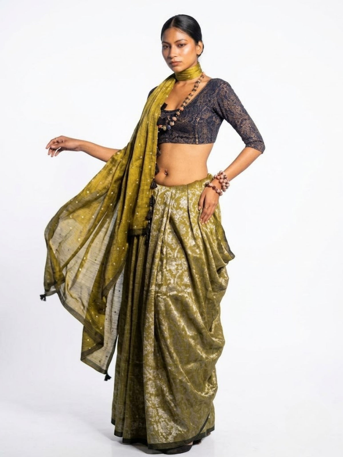 SoulWeaves olive green handloom linen cotton zari saree with gold dot