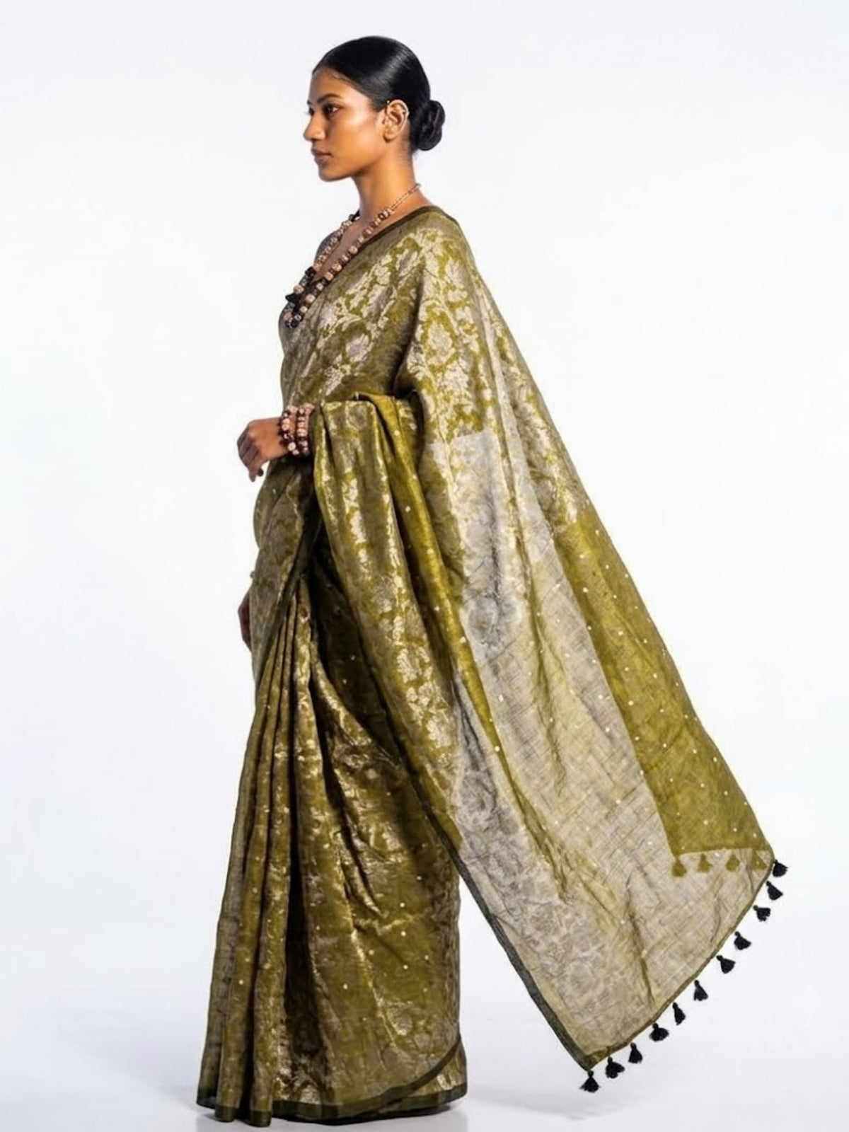 SoulWeaves olive green handloom linen cotton zari saree with gold dot